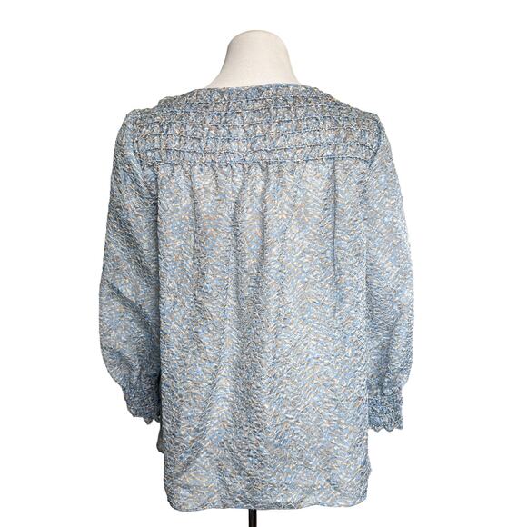 Lafayette 148 New York Silk Blend Paley Jacquard Long Sleeve Top Blue Cream XS - Picture 3 of 16